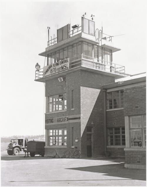 Control tower for RAAF and civil airplanes at Canberra Airport, 1951 / Douglas Thompson
