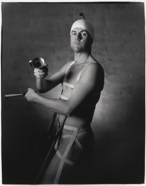 Christopher Lewis, Circus Oz performer with claxons, Melbourne, 1997 / Jim Rolon