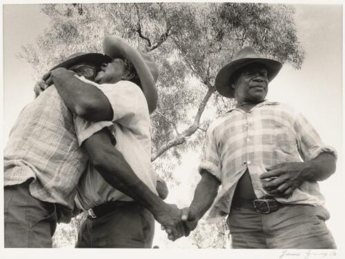 Lardil elders greeting each other on Bora ground before ceremony, Mornington Island, Queensland, 1978 / Juno Gemes
