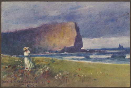 A woman standing on shore looking to sea past Barrenjoey Headland, New South Wales, 1909  / Gerald Fitzgerald