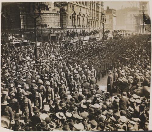 Australian and New Zealand soldiers marching to Westminster Abbey to commemorate the first Anzac Day, London, 25 April 1916