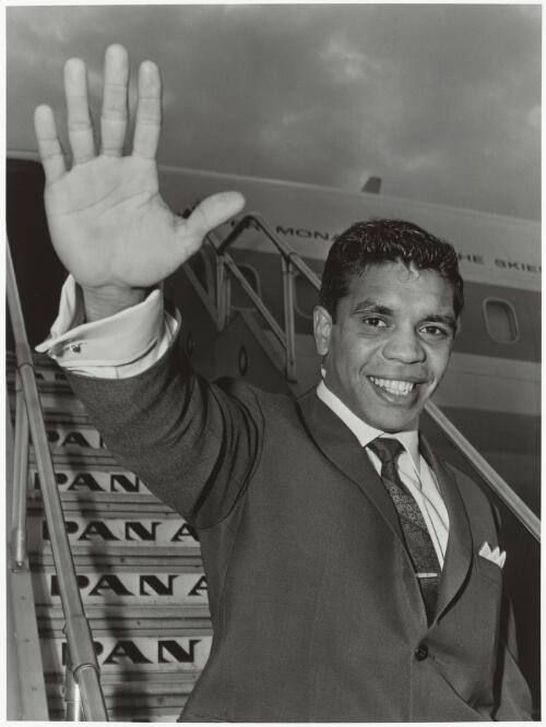 Lionel Rose, world champion Bantamweight boxer before departing to the United States to defend his title, Sydney Airport, 1968 / Mervyn Bishop