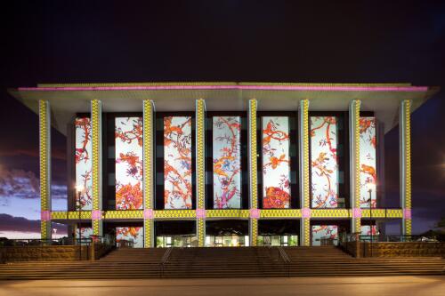 The National Library of Australia illuminated by architectural projections during the Enlighten Festival, Canberra, March 2013 / Col Ellis