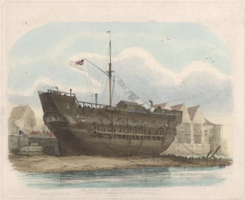 The Discovery, convict-ship, lying at Deptford, the vessel which accompanied Capt. Cook on his last voyage, 1 [picture] / drawn & etched by Edw. W. Cooke