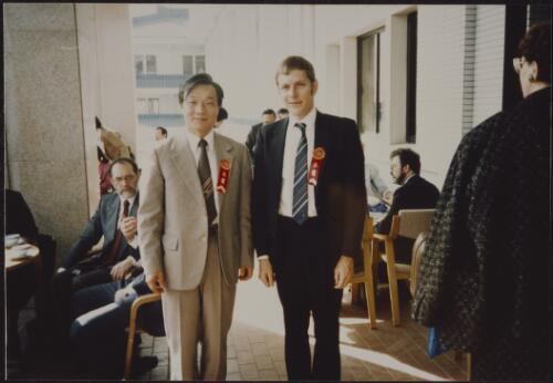 Mr Du Ke, Director Bureau of Library Administration, and Andrew Gosling, chief librarian at the National Library of Australia, attending the opening of the National Library of China's new building, Beijing, 6 October 1987