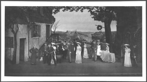 Letty Craydon (far left) with principals and chorus in the J.C. Williamson production of The dancing years, Act 1, Scene 1, the garden of an inn outside Vienna, 1946 or 1947 [picture]