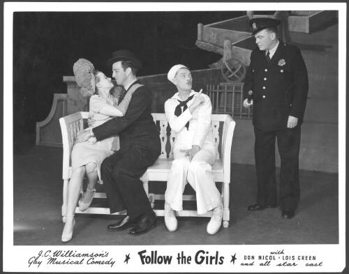 Lois Green, unidentified actor, Don Nicol, Charles Crawford in the J.C. Williamson production of Follow the girls, 1946 [picture] / Hal Williamson