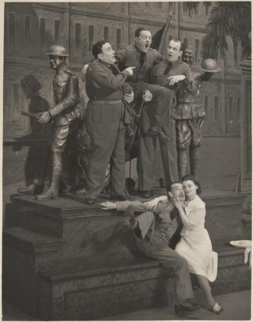 Ron Beck, Don Nicol and Fred Murray (standing, left to right), and Bobby Mack and Joy Youlden (seated below), in the J.C. Williamson production of Let's face it, 1943] [picture]/ S.J. Hood