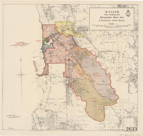 Plan shewing the metropolitan water area and catchment areas therein / W.S.S. & D.D., Water Supply, Sewerage and Drainage Department, Western Australia ; T.W. Lawson, Engineer for the Metropolitan Area ; E.C.B. Bone, Chief Draftsman