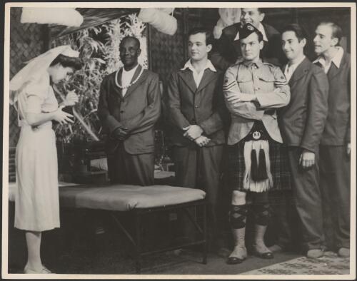 Gwenda Wilson, Joe Thomal, Stephen Staughton, Campbell Gray, John Wood, Peter French and Sydney Conabere in the J C Williamson production of The Hasty Heart, 1946 [picture]