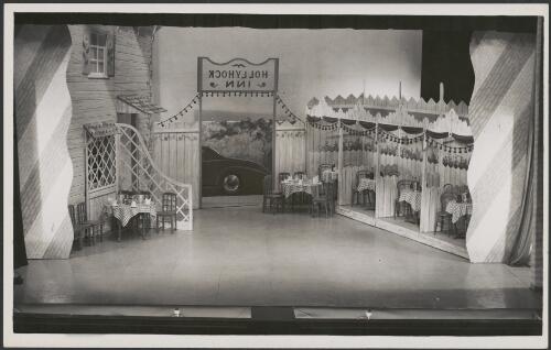 Stage set for the J.C. Williamson production of Let's face it, act II, scene 3, the Hollyhock Inn gardens, 1943 [picture] / S.J. Hood