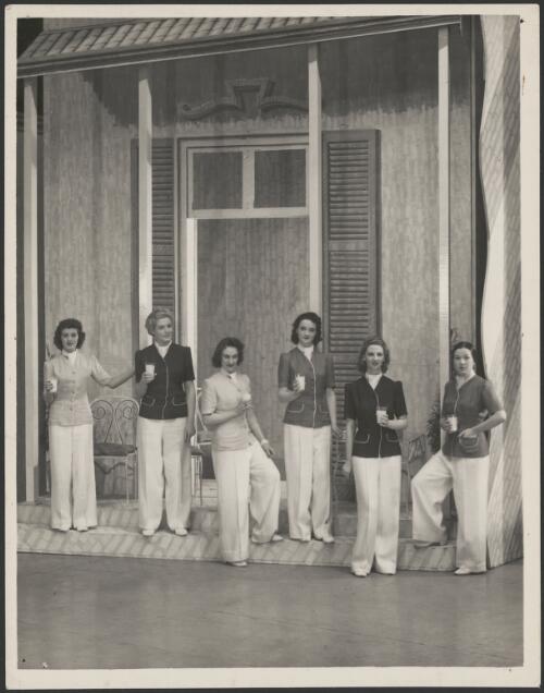 Group of ladies' chorus in slacks in the J.C. Williamson production of Let's Face It, 1943 [picture] / S.J. Hood