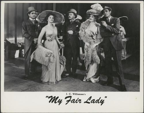 David Gray as Freddy Eynsford-Hill, Bunty Turner as Eliza Doolitttle, Kenneth Laird as Colonel Pickering, Ailsa Grahame as Mrs Higgins and Robin Bailey as Henry Higgins in the J. C. Williamson production of My fair lady, act I, scene 7, inside a club tent, Ascot, 1960 [picture] / Phil Ward Studios, Sydney