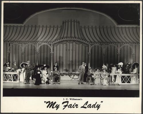 Geraldine Ward as Lady Boxington, Helen Roberts as Mrs Eynsford-Hill, Kenneth Laird as Colonel Pickering, Robin Bailey as Henry Higgins, David Gray as Freddy Eynsford-Hill, Bunty Turner as Eliza Doolitttle and Ailsa Grahame as Mrs Higgins in the J.C. Williamson production of My fair lady, act I, scene 7, inside a club tent, Ascot, 1958 [picture] / Allan Studios, Collingwood