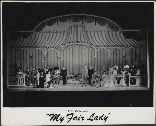 Myrtle Roberts as Lady Boxington, Freda Wilson as Mrs Eynsford-Hill, David Hutcheson as Colonel Pickering, David Oxley as Henry Higgins, Robert McPhee as Freddy Eynsford-Hill, Patricia Moore as Eliza Doolitttle and Minnie Love as Mrs Higgins in the J.C. Williamson production of My fair lady, act I, scene 7, inside a club tent, Ascot, 1960 [picture] / Allan Studios, Collingwood
