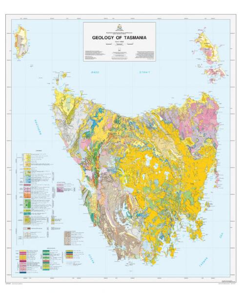 Geology of Tasmania / Mineral Resources Tasmania ; the geological data for this map was compiled by A.V. Brown B.Sc.(Hons.)Ph.D., C.R. Calver B.Sc.(Hons.)Ph.D., M.J. Clark B.Sc.(Hons.), K.D. Corbett B.Sc.(Hons.)Ph.D., J.L. Everard B.Sc.(Hons.), S.M. Forsyth B.Sc.(Hons.), B.A. Goscombe B.Sc.(Hons.)Ph.D., G.R. Green B.Sc.(Hons)Ph.D., M.P. McClenaghan B.Sc.(Hons)Ph.D, D.B. Seymour B.Sc.(Hons.)Ph.D., J. Pemberton B.Sc.(Hons) M.Sc., and M. Vicard B.Sc(Hons)