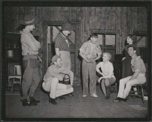 Henry McGee as Bluey, unidentified actor, Keneth Thornett, as Soliker, Bill Hodge as Nosey, Maree Marsden as Myra, June Colliss as Bessie Larkin and Brian James as Larkin in the J.C. Williamson production of Pommy [picture]