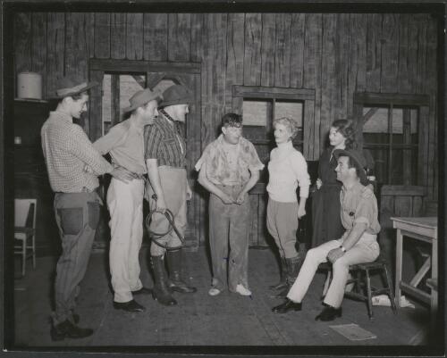 Henry McGee as Bluey, ?, Keneth Thornett, as Soliker, Bill Hodge as Nosey, Maree Marsden as Myra, June Colliss as Bessie Larkin and Brian James as Larkin in the J.C. Williamson production of Pommy [picture]