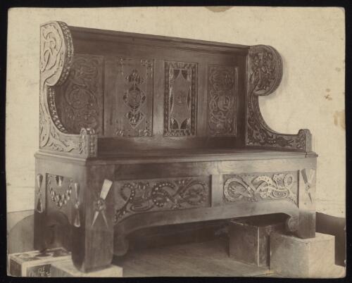 Students hall seat woodcarving on display, Sydney?, approximately 1890