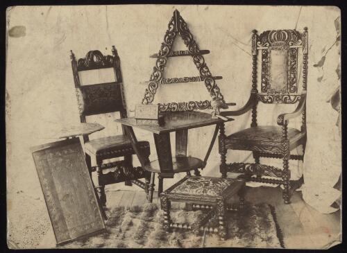 Assorted woodcarved furniture on display, Sydney?, approximately 1890