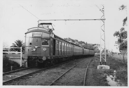Four car electric train, Tait cars, at Springvale Cemetery platform, 1938 [picture]