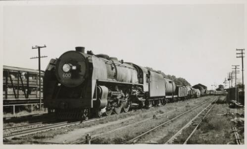 Steam locomotive 600 eastbound with freight at Wolseley, 15 April, 1950 [picture] / John Buckland
