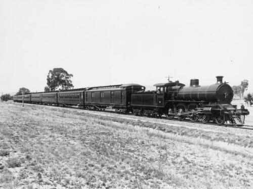 The First A2 locomotive, designed and built by Victorian Railways engineers and artisans, on the Sydney Express in December 1907, [near Barnawartha, Victoria] [picture] / Victorian Railways