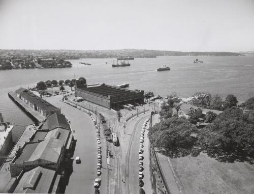 Aerial view of Bennelong Point with trams, Sydney, 1958 [picture] / John Tanner