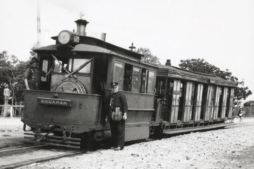 Sydney steam tram 71A  and tram trailer at the Sans Souci terminus of the Kogarah-Sans Souci line, New South Wales, 1935 [picture] / photograph by John Buckland