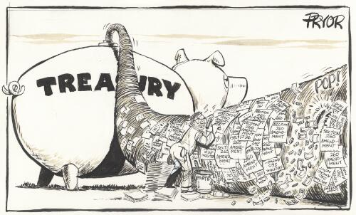 [John Howard and a piggy bank labelled "Treasury"] [picture] / Pryor