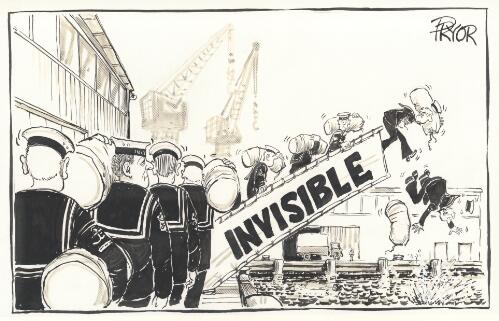 [Sailors falling into the water off a gangplank labelled 'Invisible'] [picture] / Pryor