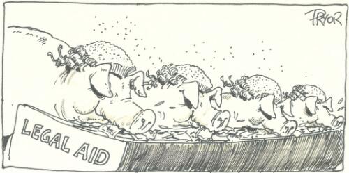[Pigs wearing short wigs, eating from a trough of money labelled "Legal Aid"] [picture] / Pryor