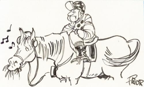 [Race horse eating and listening to music from a walkman, while a bored jockey sits on his back] [picture] / Pryor