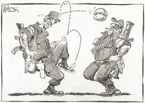 [Filipino and Argentinean soldiers playing with a democracy soccer ball] [picture] / Pryor