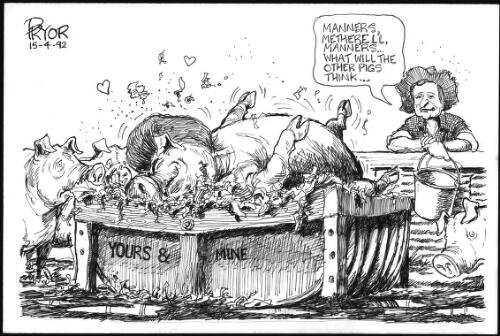 "Manners, Metherell, manners - what will the other pigs think - " [Dr. Terry Metherell, Nick Greiner] [picture] / Pryor