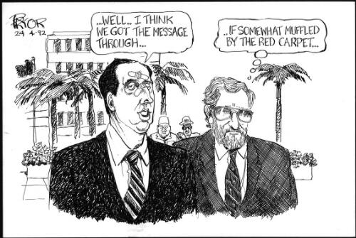 "Well - I think we got the message through" [Paul Keating and Dr Michael Keating, head of PM&C,  taking leave of Indonesian President Sukarno in Jakarta, April 1992] [picture] / Pryor