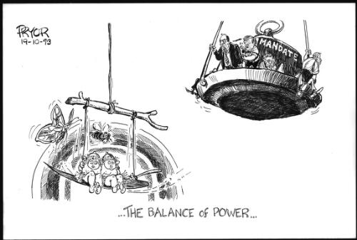 The balance of power in the Senate [Paul Keating, John Dawkins and other members of the Labor Government outweighed by two gumnut twins, Dee Margetts and Christabel Chamarette of the Western Australian Greens] [picture] / Pryor