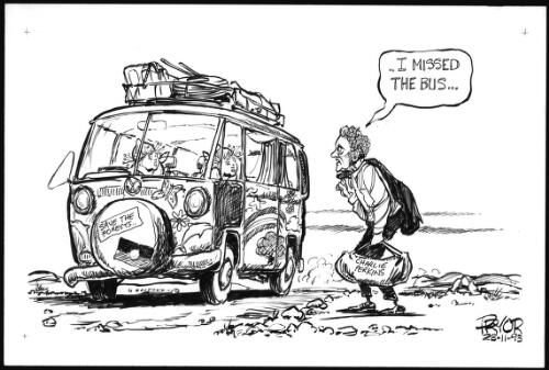 "I missed the bus" [Charlie Perkins hitching a ride in a van belonging to two gumnut twins depicting Dee Margetts and Christabel Chamarette of the Western Australian Greens] [picture] / Pryor