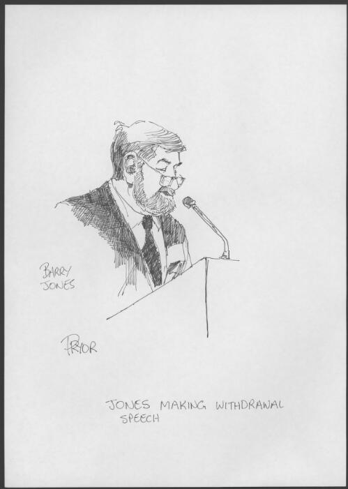 Jones making withdrawal speech [Barry Jones at the Australian Labor Party Conference, Hobart, 1991] [picture] / Pryor