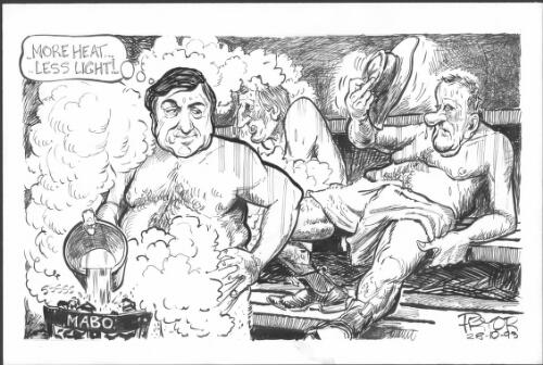 "More heat - less light!" [Frank Walker in a Mabo sauna with John Hewson and Tim Fischer] [picture] / Pryor