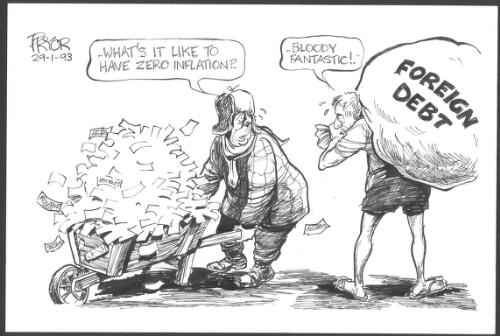 "What's it like to have zero inflation?" [Russian pushing a barrow of roubles, to an Australian carrying a large foreign debt] [picture] / Pryor