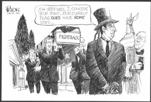 "Oh very well, I concede your point, our current flag does have some uses" [Funeral of Fightback with Paul Keating as funeral director, John Hewson, Tim Fischer and Peter Reith as pallbearers] [picture] / Pryor