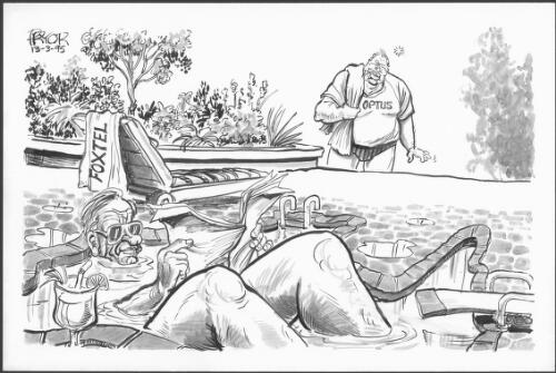 [Rupert Murdoch, owner of Foxtel and Kerry Packer, owner of Optus, at the pool] [picture] / Pryor