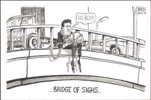 Bridge of sighs [Robert Tickner, Minister for Aboriginal and Torres Strait Islander Affairs, responsible for the Hindmarsh Island Bridge appeal, sitting on the edge of a bridge, with a boulder in his lap tied to his neck, sighing to himself] [picture] / Pryor
