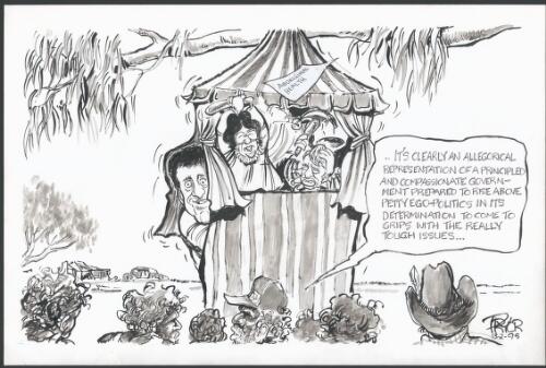 "It's clearly an allegorical representation of a principled and compassionate government prepared to rise above petty ego-politics in its determination to come to grips with the really tough issues" [Aborigines watching Robert Tickner operate a Punch and Judy show on Aboriginal health, with Carmen Lawrence as Judy and Brian Howe as Punch] [picture] / Pryor