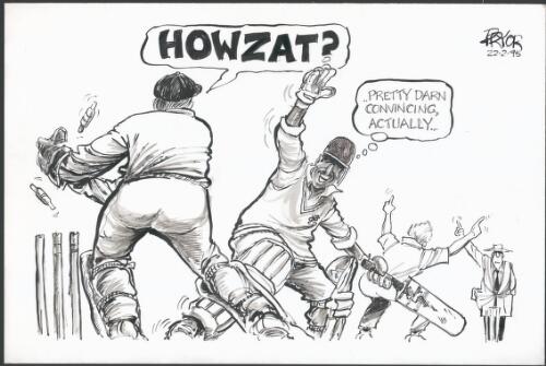 "Howzat? - Pretty darn convincing, actually" [Strong appeals by wicketkeeper and bowler convince the cricket umpire that the batsman has been stumped, even though his foot is within the crease] [picture] / Pryor