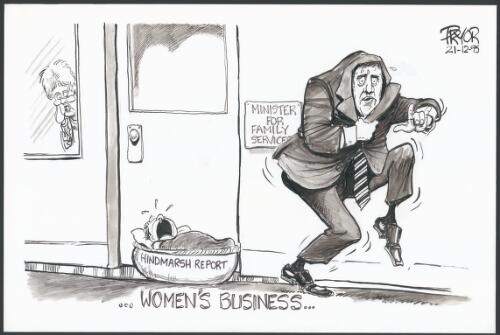 Women's business [Robert Tickner leaving the Hindmarsh Island Royal Commission report at the office of the Minister for Family Services] [picture] / Pryor