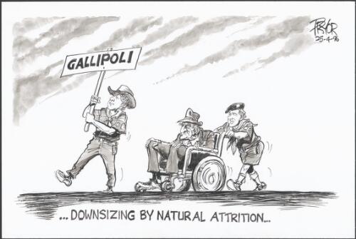 Downsizing by natural attrition [lone Gallipoli war veteran in wheel chair] [picture] / Pryor