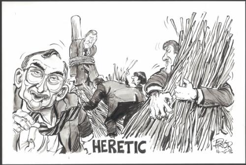 Heretic [Bob Carr, Jeff Kennett, Kate Carnell and one other burning Peter Costello at the stake] [picture] / Pryor