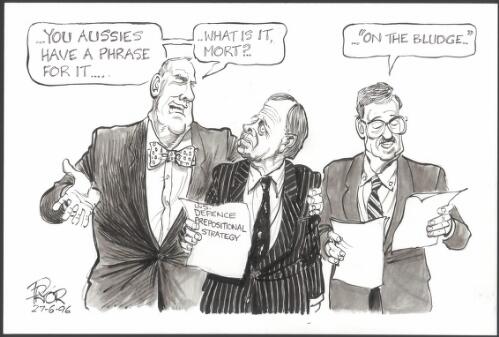 "On the bludge" [United States diplomats talking to Defence minister Ian McLachlan] [picture] / Pryor